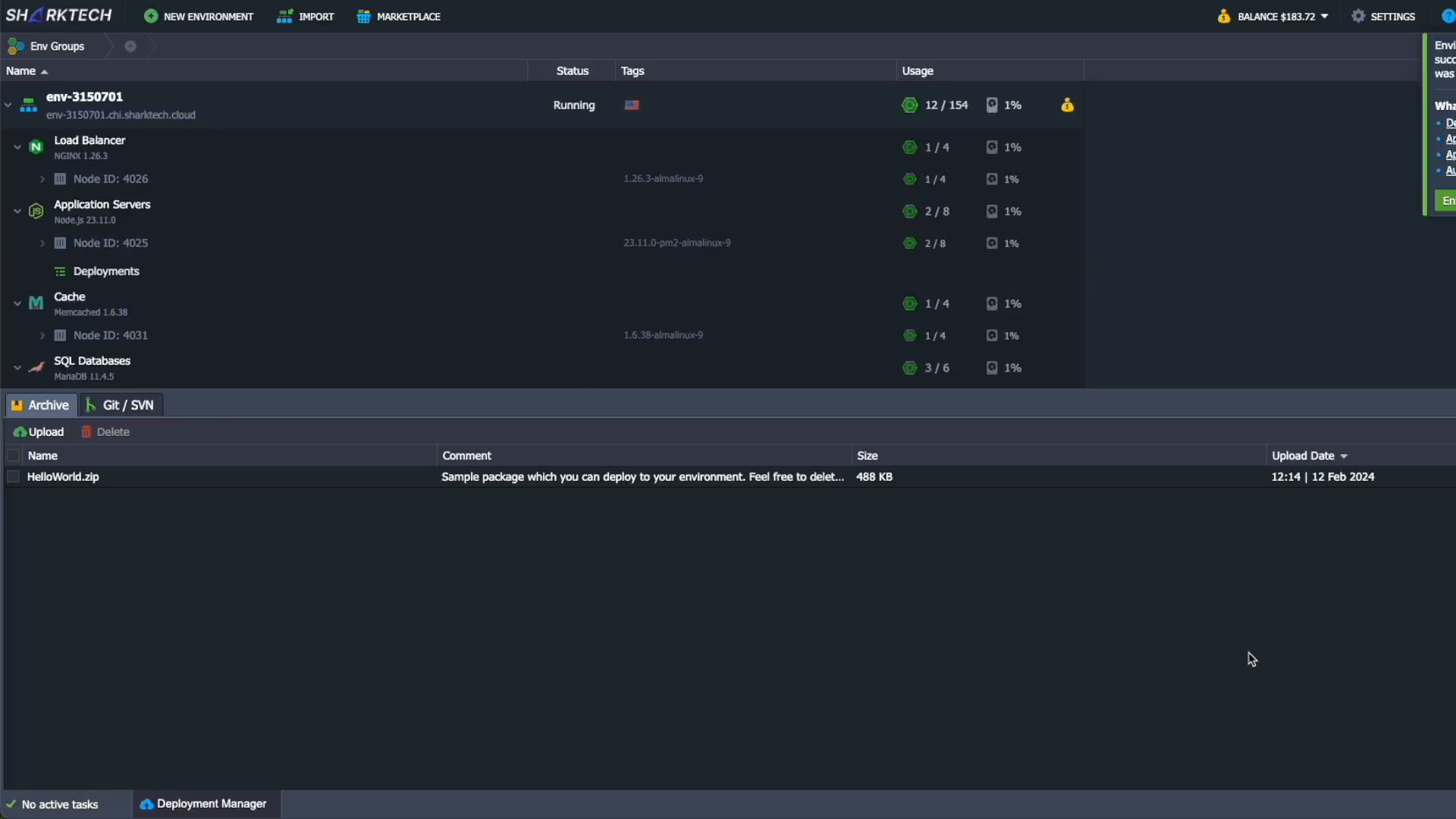 Sharktech CAP dashboard showing a running environment, services and deployment manager