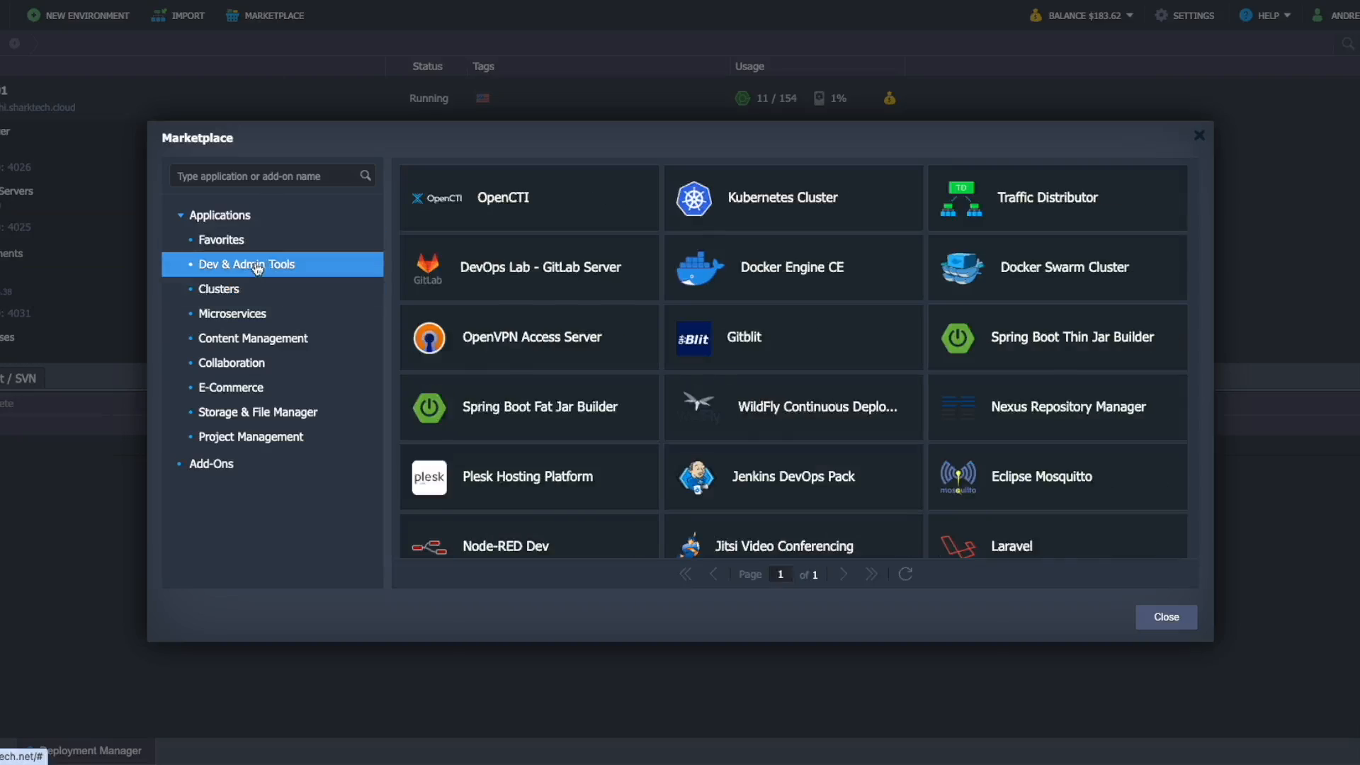 CAP marketplace showing Kubernetes, Docker, GitLab and application deployment tools