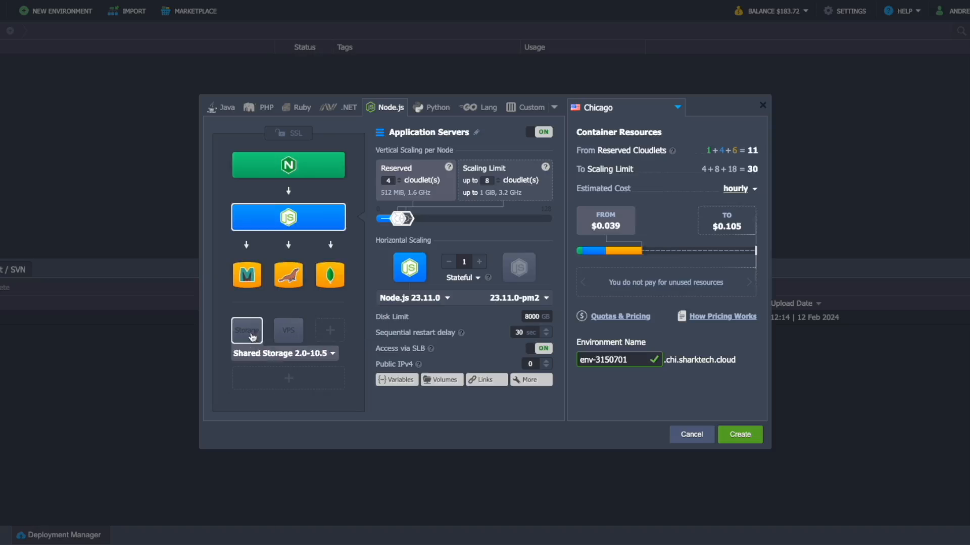 CAP topology wizard showing Node.js, databases, resource limits and estimated cost